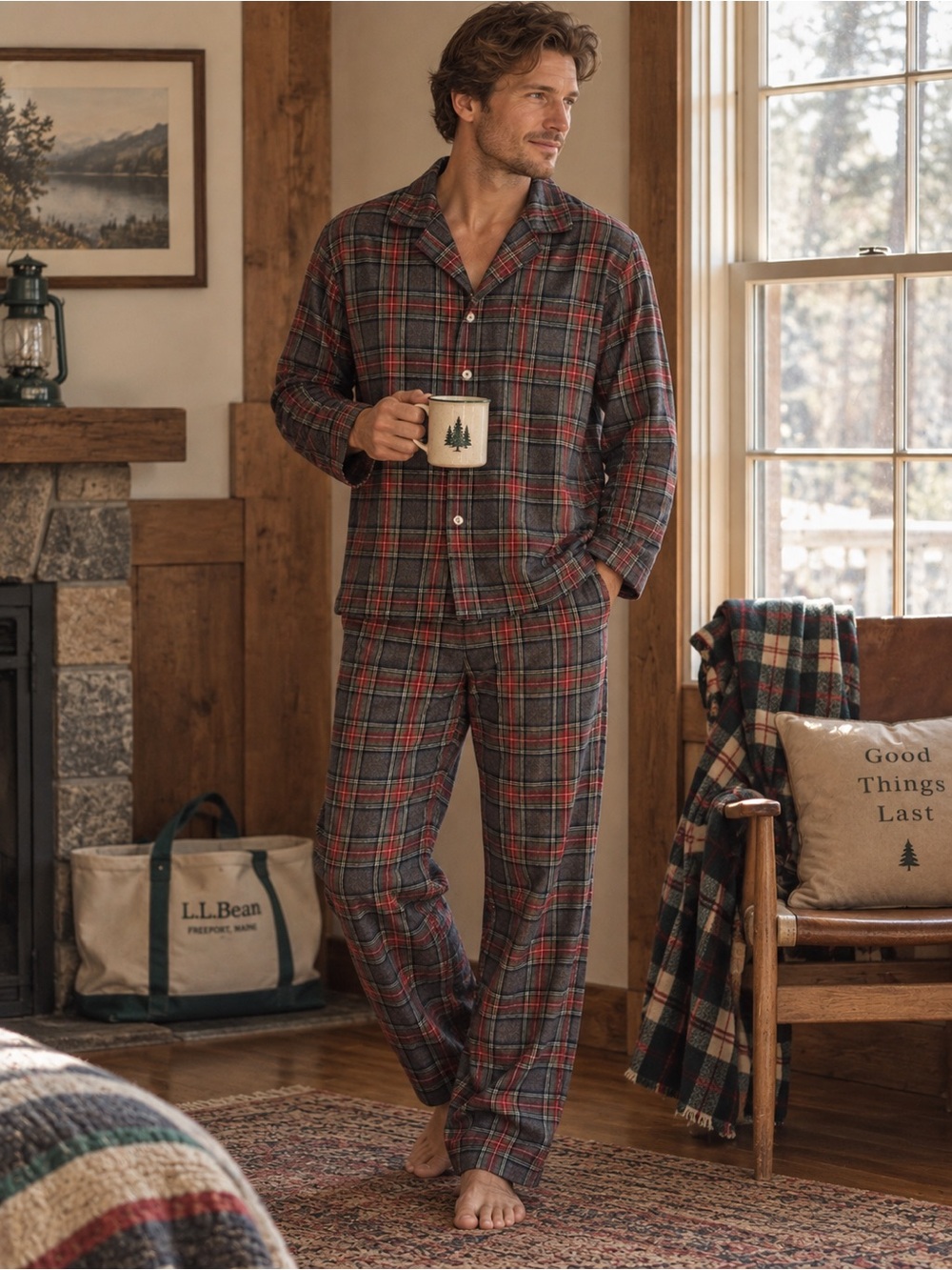 L.L.Bean Men’s Plaid Flannel Pajama Set Size Large Grey Stewart Tartan